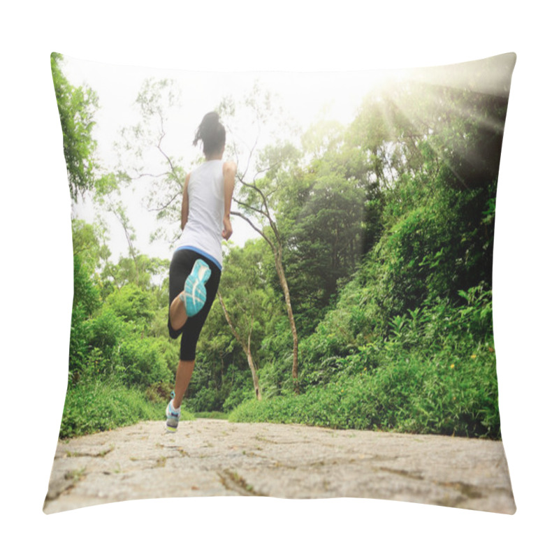 Personality  Young Fitness Woman Running At Forest Trail Pillow Covers