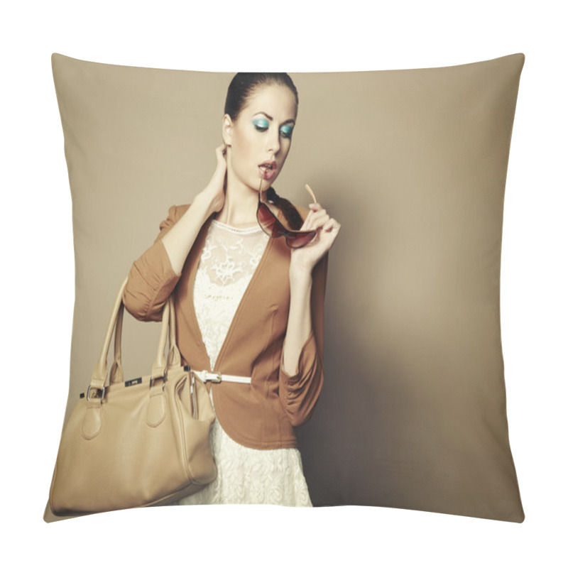 Personality  Portrait Of Beautiful Young Woman With A Leather Bag Pillow Covers