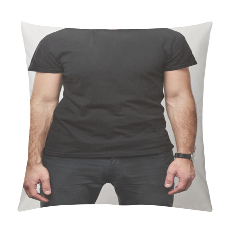 Personality  Partial View Of Man In Black T-shirt With Copy Space Isolated On Grey  Pillow Covers