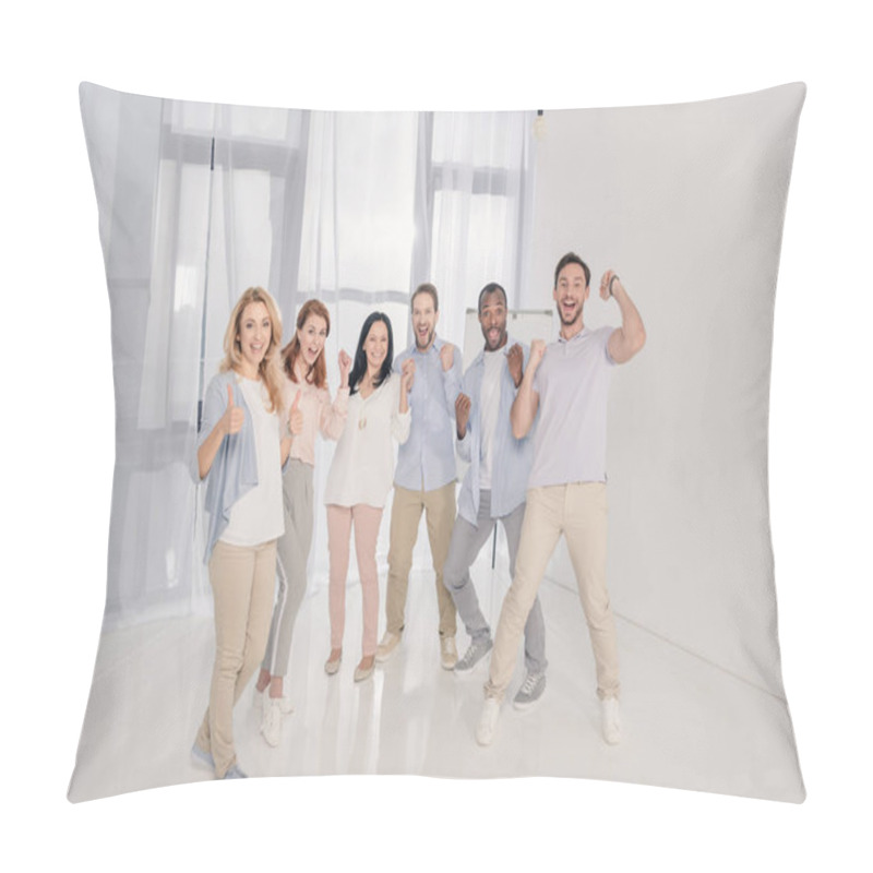 Personality  Happy Multiethnic Mid Adult People Triumphing And Smiling At Camera Pillow Covers