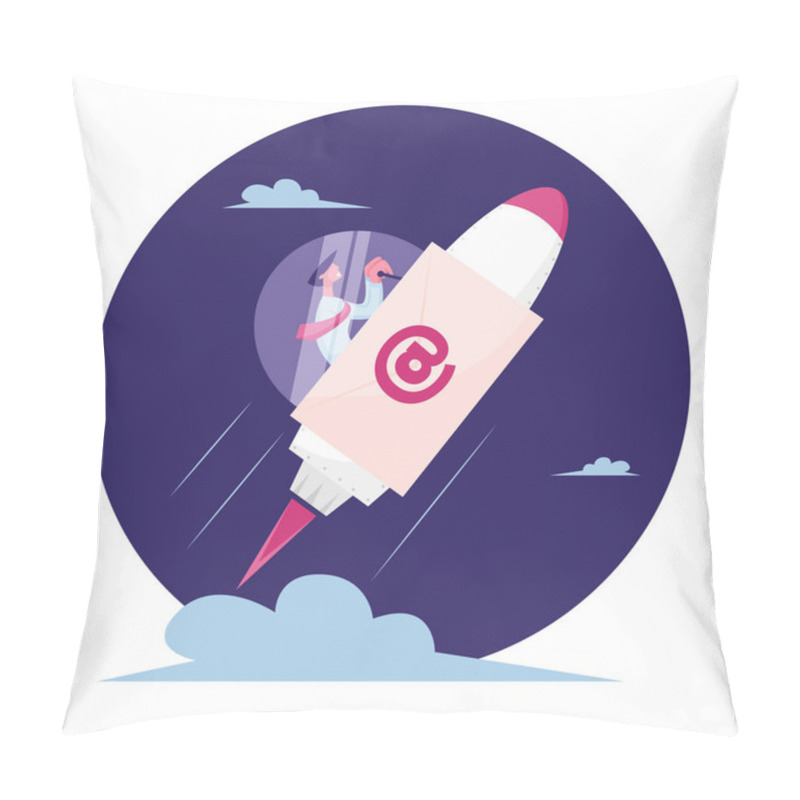 Personality  Business Mail, Correspondence Concept. Businessman Flying Forward To Space On Rocket Engine Sitting In Cockpit Pillow Covers