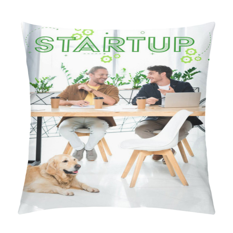 Personality  Two Handsome Friends Smiling And Looking At Each Other With Startup Illustration Above Heads Pillow Covers