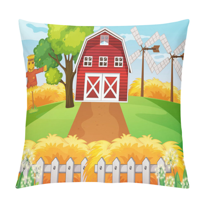 Personality  Farm In Nature Scene With Barn And Windmill And Scarecrow Illustration Pillow Covers