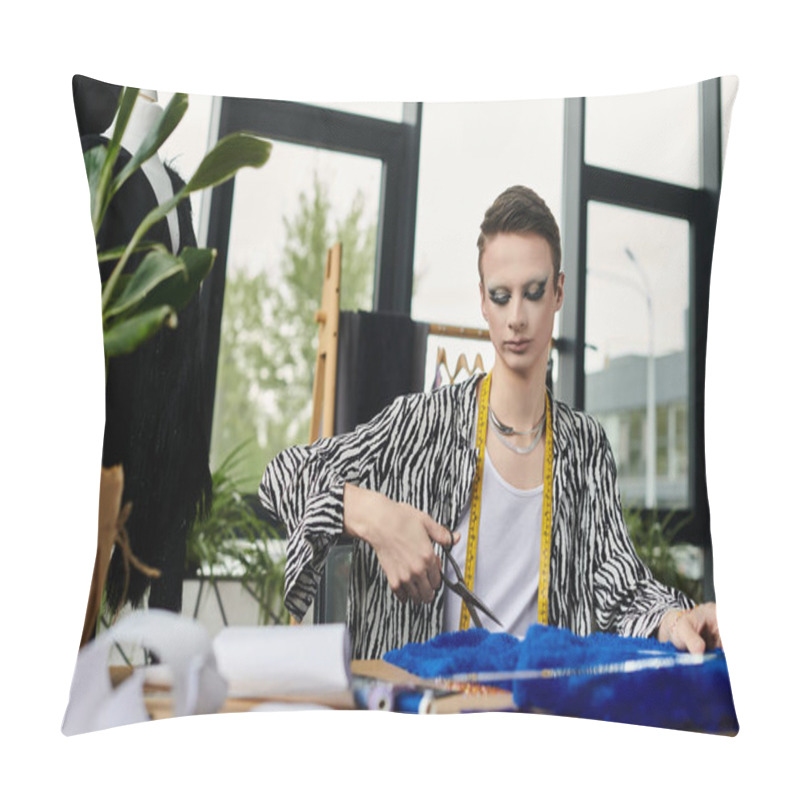 Personality  A Stylish Designer Skillfully Cuts Fabric, Surrounded By An Inspiring Workspace Filled With Creativity. Pillow Covers