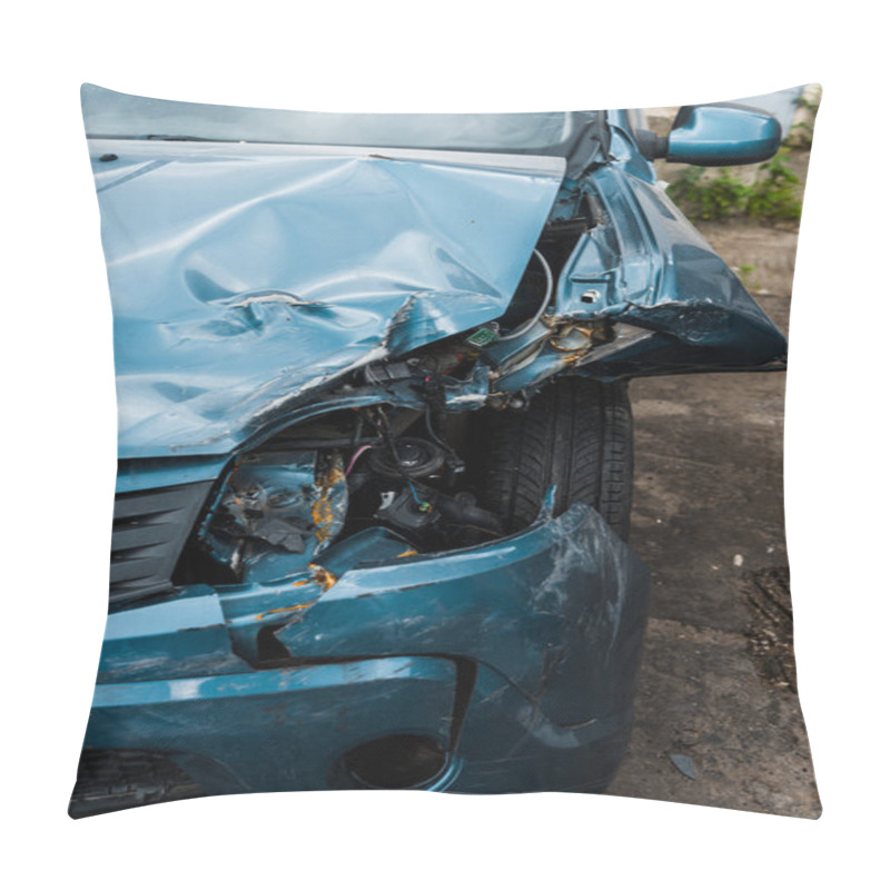 Personality  Selective Focus Of Crashed Blue Auto After Car Accident  Pillow Covers