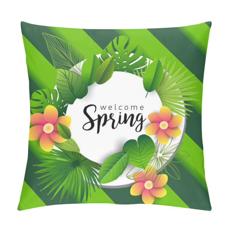 Personality  Welcome Spring. Trendy Banner With Leaves Of Tropical Plants, Flowers And Hand Drawn Lettering. Pillow Covers