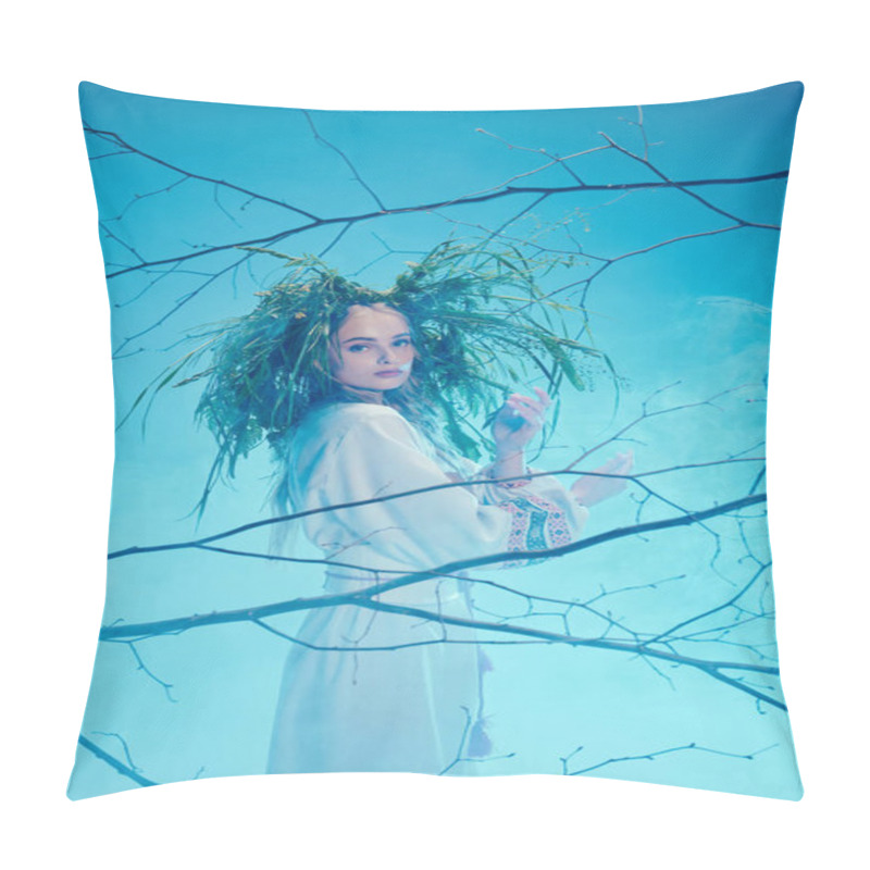 Personality  A Young Mavka In Traditional Fairy Outfit Stands Confidently In A Tree, Her Long Hair Flowing In The Wind. Pillow Covers