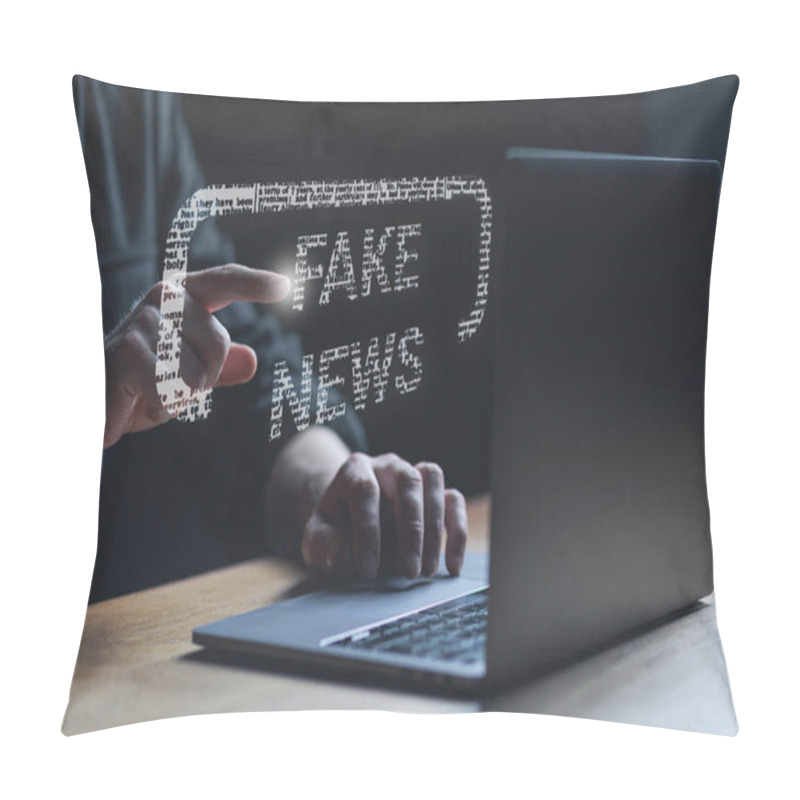 Personality  Fake News Concept. Man Points At Fake News Text. High Quality Photo Pillow Covers