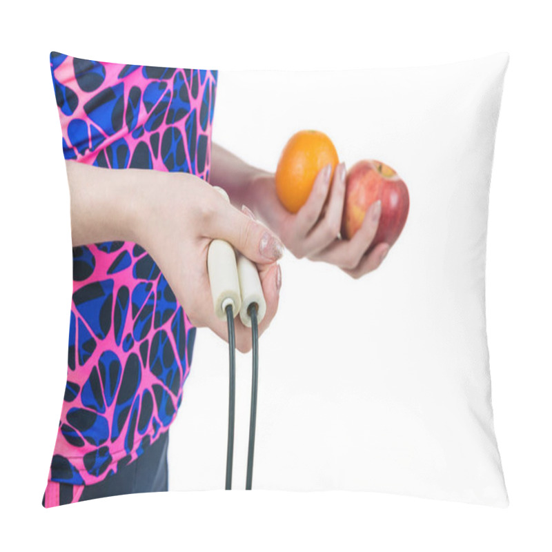 Personality  A Healthy Lifestyle And Proper Nutrition. Rope, Apple And Orange In The Hands Of A Young Girl, Isolated On White Background. Horizontal Frame Pillow Covers