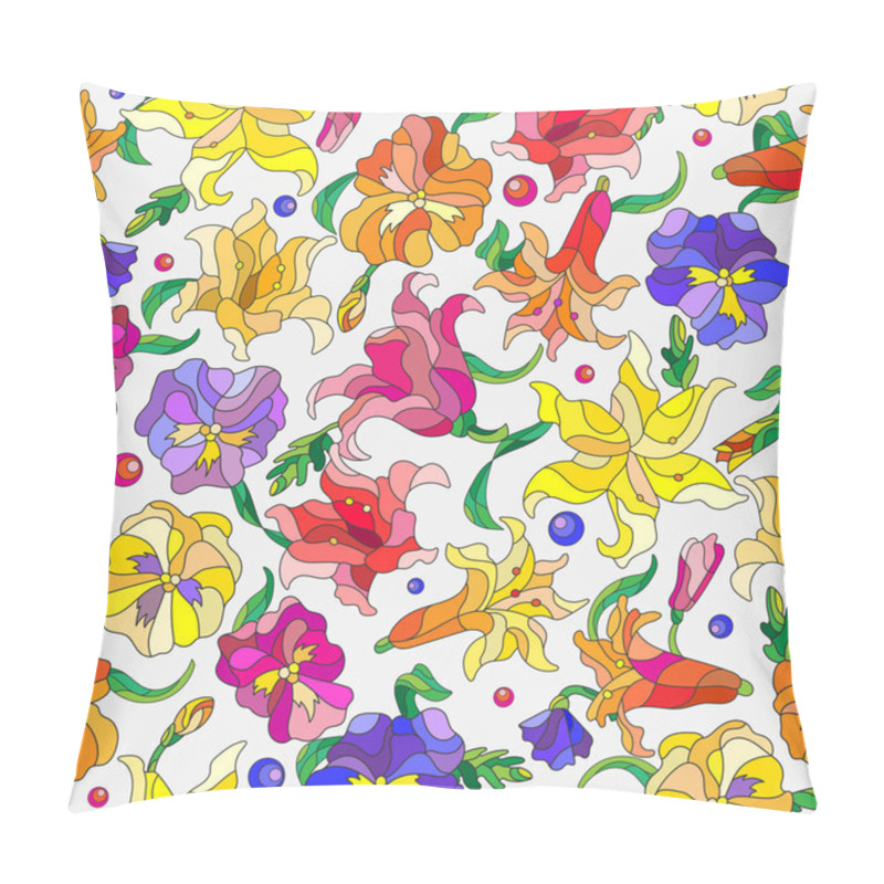 Personality  Seamless Background With Spring Flowers In Stained Glass Style, Flowers, Buds And Leaves Of Pansies And Lilies On A Light Background Pillow Covers