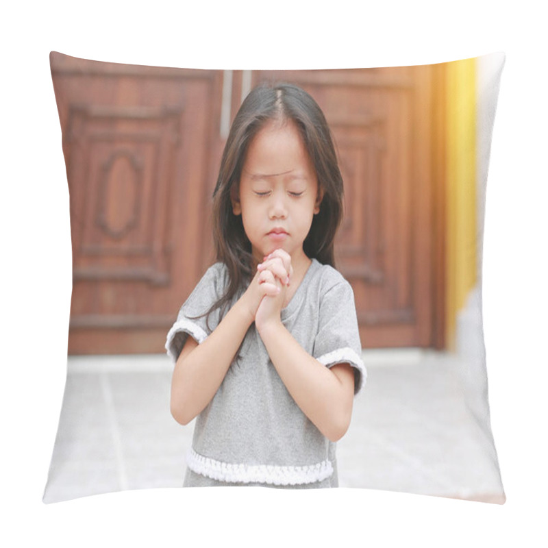 Personality  Little Asian Girl Stance Praying At The Church. Hands Folded In Prayer Concept For Faith, Spirituality And Religion. Pillow Covers