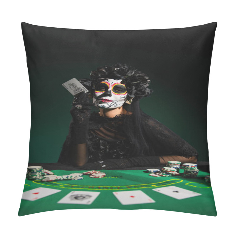 Personality  KYIV, UKRAINE - SEPTEMBER 12, 2022: Woman In Santa Muerte Costume Holding Playing Card Near Chips On Table On Dark Green  Pillow Covers