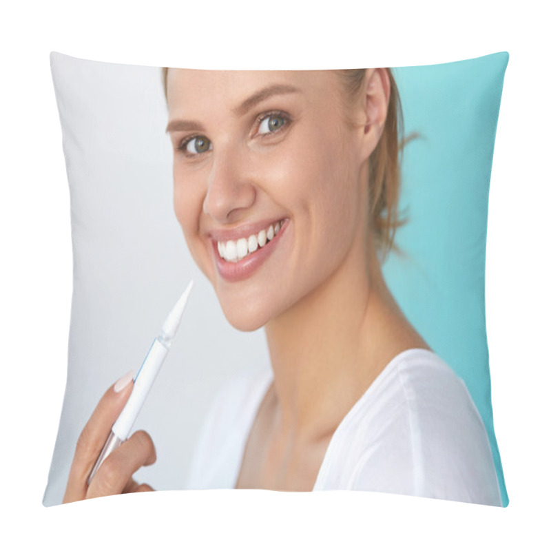 Personality  Woman With Beautiful Smile, Healthy Teeth Using Whitening Pen Pillow Covers