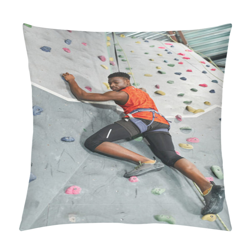 Personality  Handsome African American Man With Safety Rope And Alpine Harness Climbing And Looking Down Pillow Covers