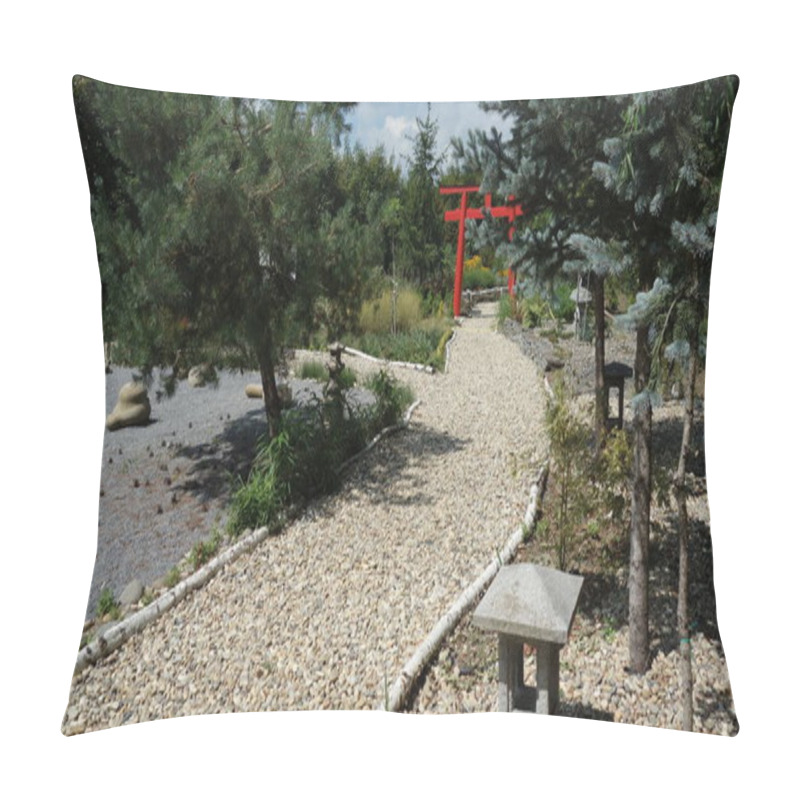 Personality  Serene Japanese Garden Path With Red Torii Gate And Lush Greenery Under A Clear Sky. Pillow Covers