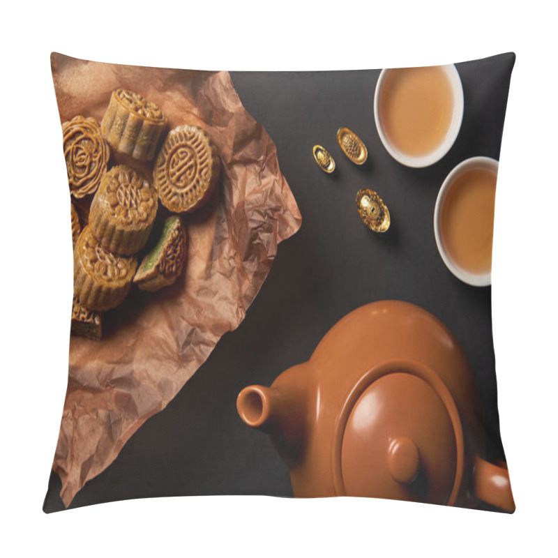 Personality  Top View Of Mooncakes, Tea Pot And Gold Ingots Isolated On Black Pillow Covers