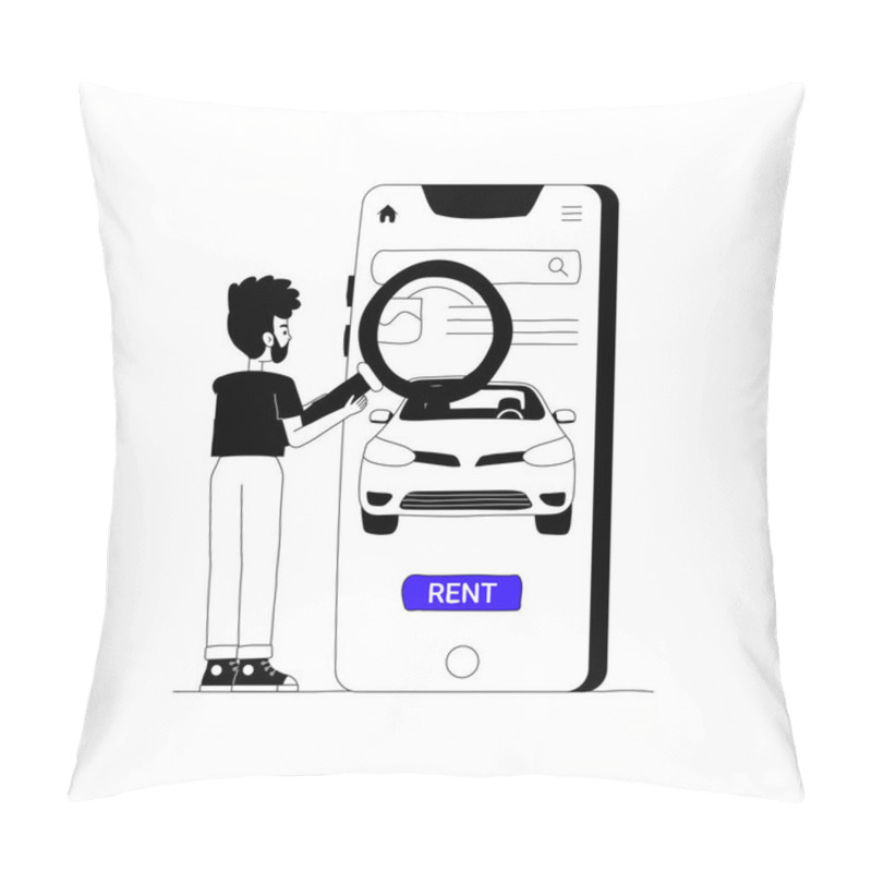 Personality  A Man Using A Smartphone To Search For A Rental Car Through An App With A Car Image And Rent Button, Symbolizing Online Car Booking And Rental Services. Pillow Covers