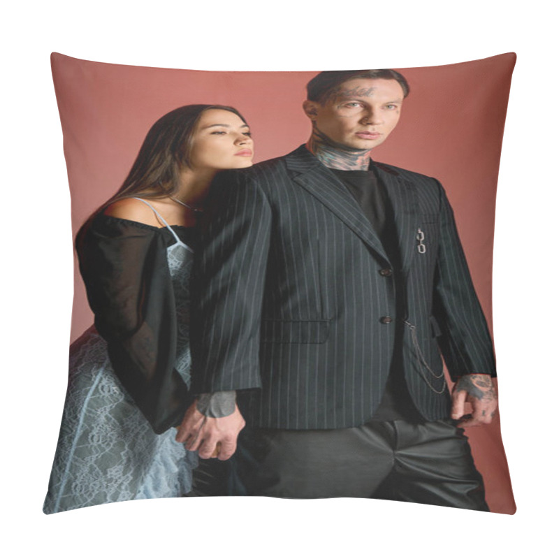 Personality  A Young Man And Woman Showcase Their Fashion Sense, Holding Hands And Embracing Creativity. Pillow Covers