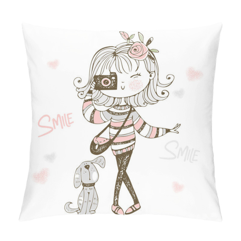 Personality  Cute Fashionable Girl With A Camera With Her Pet Dog. Vector. Pillow Covers