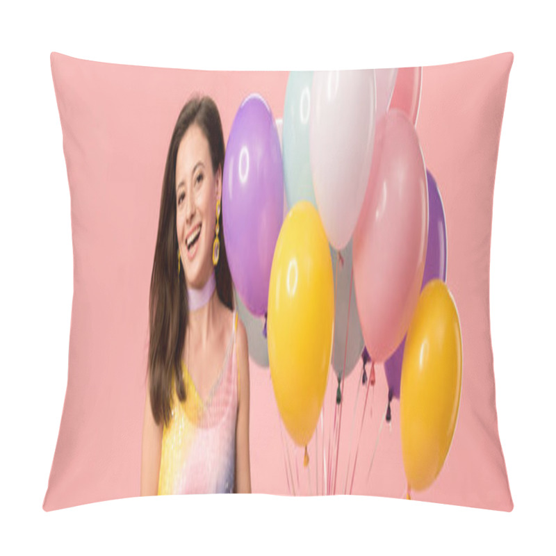 Personality  Panoramic Shot Of Young Smiling Party Girl Holding Festive Balloons Isolated On Pink Pillow Covers