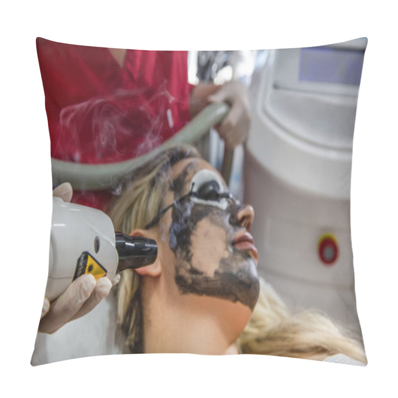 Personality  Carbon Face Peeling Procedure. Laser Pulses Clean Skin Of The Face. Hardware Cosmetology Treatment. Process Of Photothermolysis, Warming The Skin, Laser Carbon Peeling. Facial Skin Rejuvenation. Pillow Covers