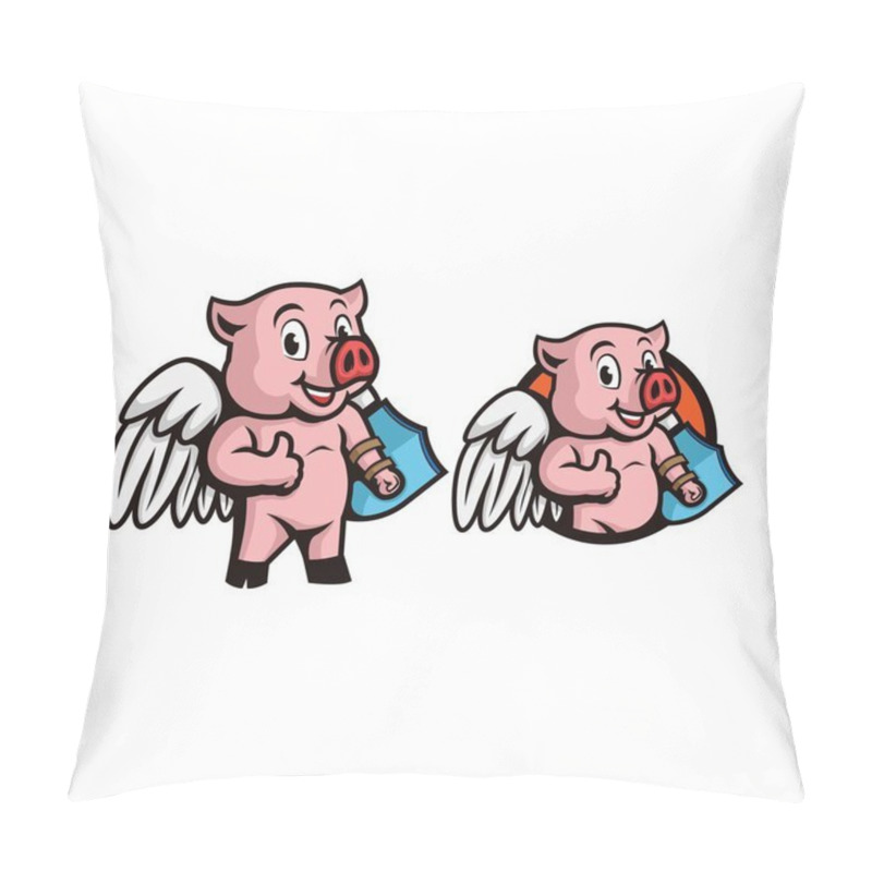 Personality  Superhero Pig With Wings And Shield On The Hand Making Thumbs Up Mascot Character Logo. Vector Illustration. Pillow Covers