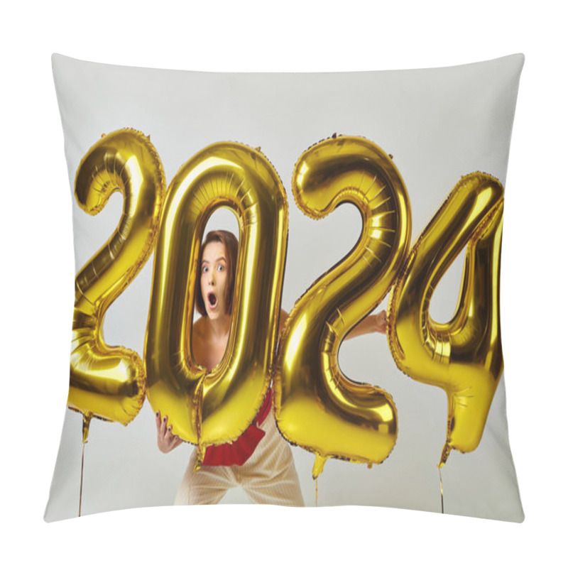 Personality  Happy New Year, Astonished Young Woman In Trendy Attire Holding Balloons With 2024 Numbers On Grey Pillow Covers