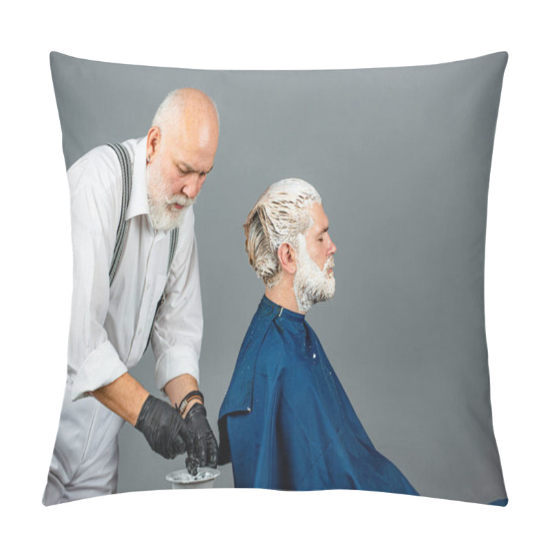 Personality  Senior Hairdresser Applying Dye To Man Hair. Process Of A Guy Having His Hair Dyed At Hairdresser. Beauty And People Concept. Stylist Man With Hair Dye And Brush Coloring Hair At Salon. Pillow Covers