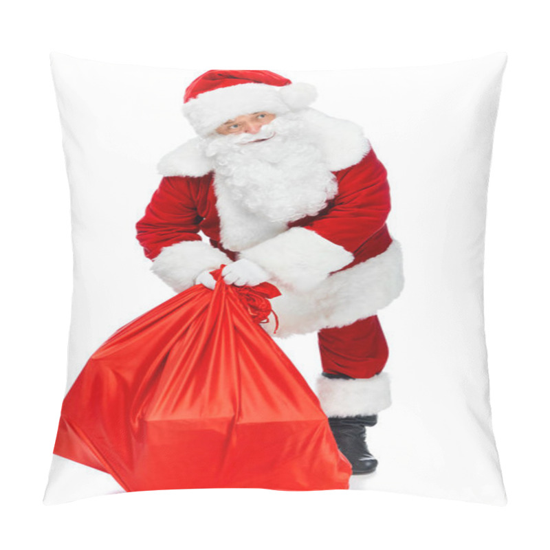 Personality  Santa Claus Holding Red Christmas Bag Isolated On White Pillow Covers