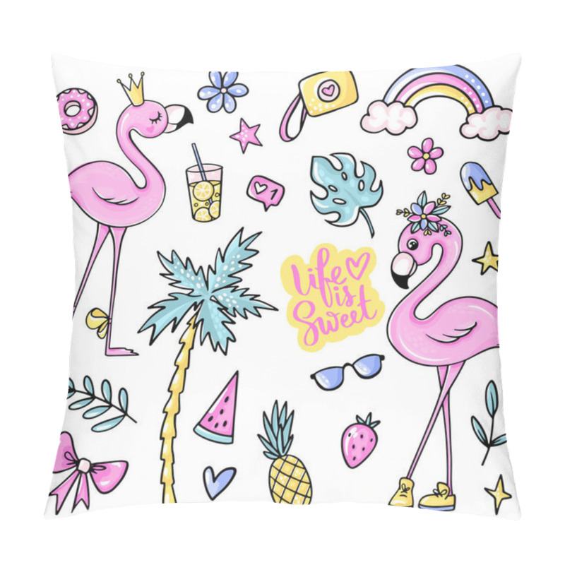 Personality  Big Cute Summer Stickers Set With Flamingos, Ice Cream, Watermelon, Pineapple, Rainbow, Lemonade, Cherry. Pillow Covers