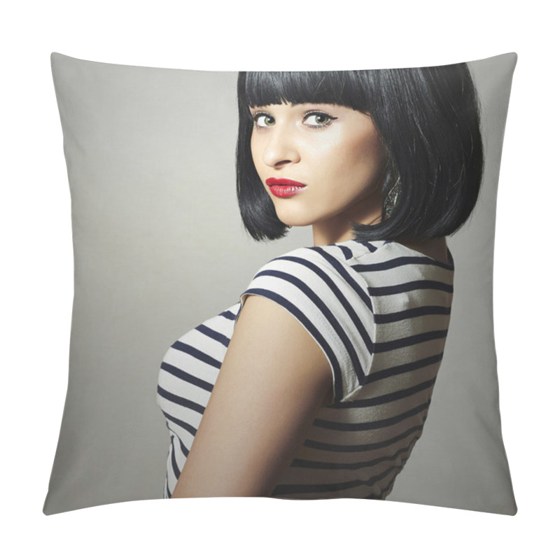 Personality  Beautiful Brunette Girl In Dress. Black Hair. Bob Haircut. Red Lips. Beauty Woman With Fringe Pillow Covers