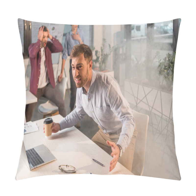 Personality  Handsome Businessman Holding Paper Cup And Yelling Near Colleagues In Office With Smoke During Fire Pillow Covers