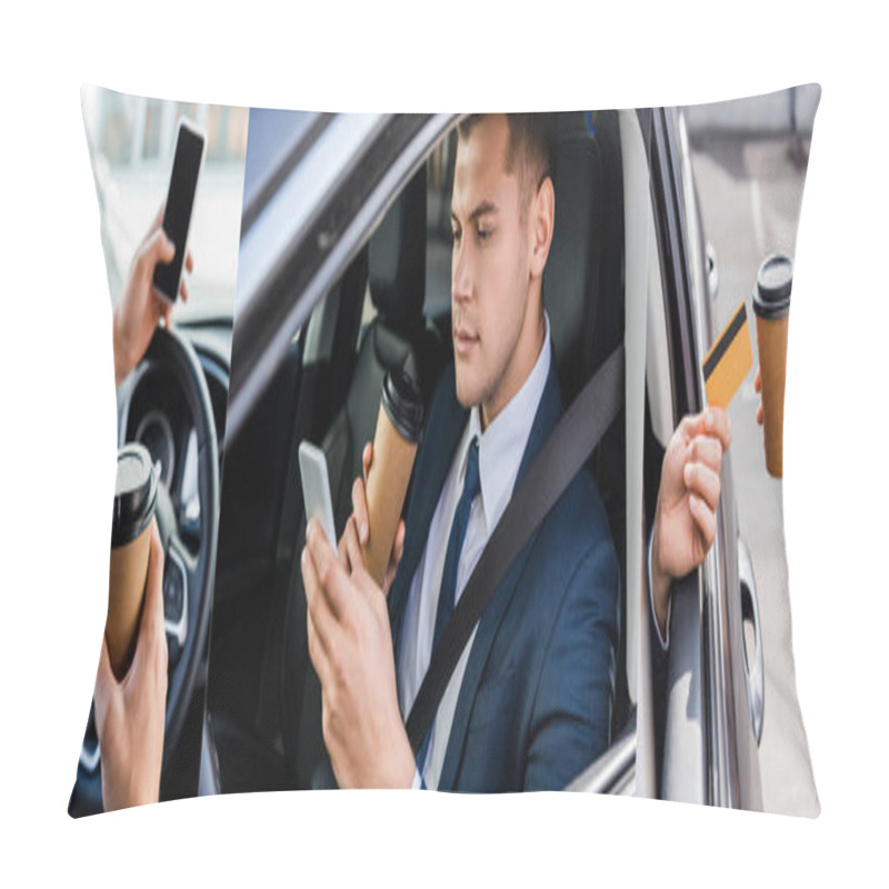 Personality  Collage Of Businessman Using Smartphone And Holding Credit Card Near Seller With Coffee To Go Near Car, Banner Pillow Covers