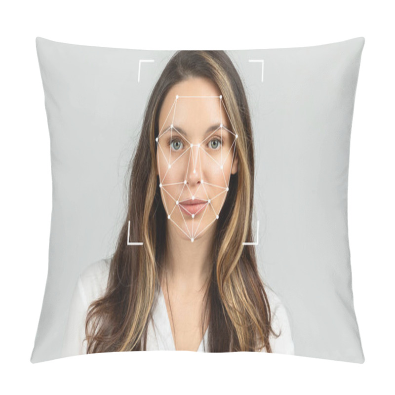 Personality  A Woman With Long Hair Stands Facing The Camera, With Facial Recognition Patterns Displayed On Her Face. Pillow Covers