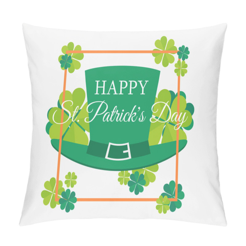 Personality  Happy St. Patrick's Day. Leprechaun Hat And Leaves Of Green Clover In A Frame. Festive Banner, Greeting Card. Typography Design. Vector Illustration Pillow Covers