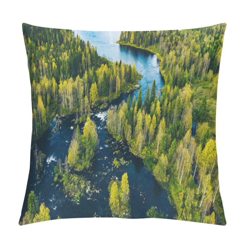 Personality  Aerial View Of Fast Blue River In Beautiful Green Spring Forest In Finland. Pillow Covers