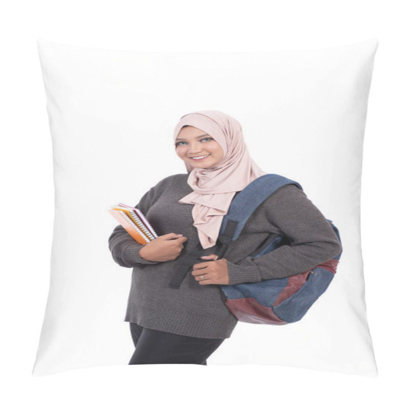 Personality  Portrait Of College Student Carrying Books And Bag Pillow Covers