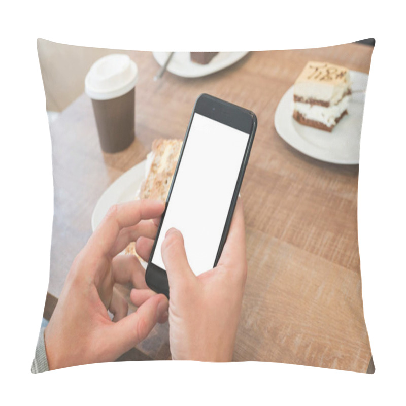 Personality  Modern Smart Phone Mockup. Man Holding Cell With Isolated Screen For App Presentation Pillow Covers