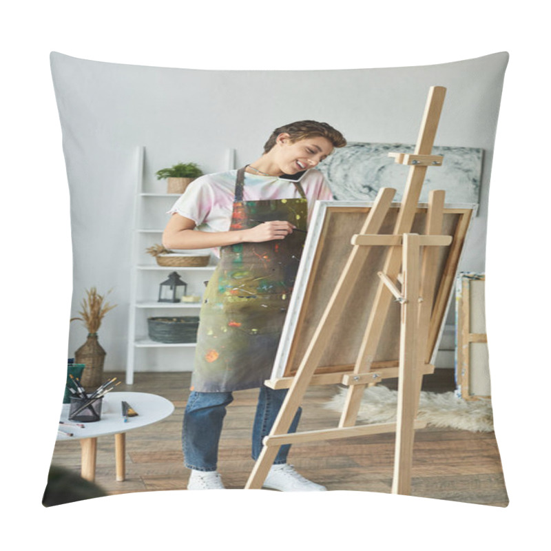 Personality  In A Bright And Inviting Home Studio, A Young Woman Expresses Her Creativity While Painting And Smiling. Pillow Covers