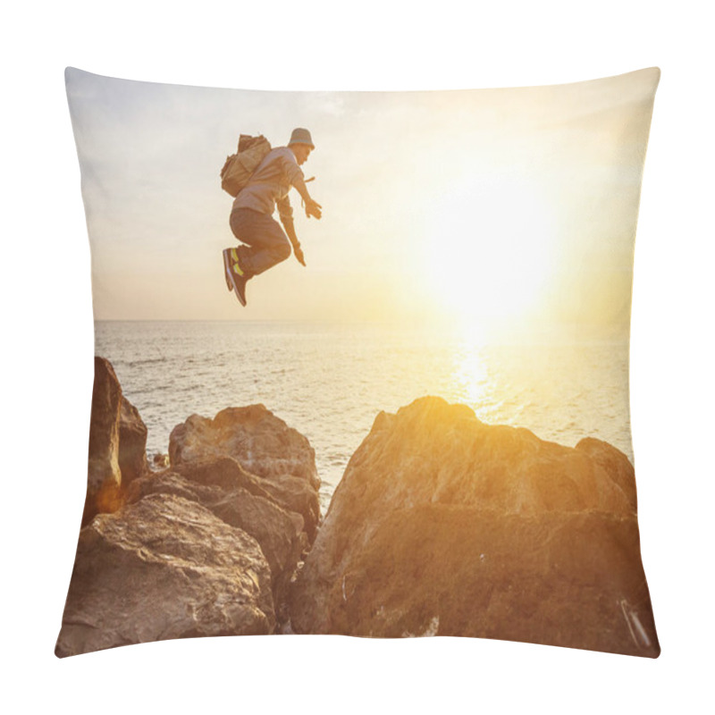 Personality  Traveler Man Jumping Over Rocks Pillow Covers