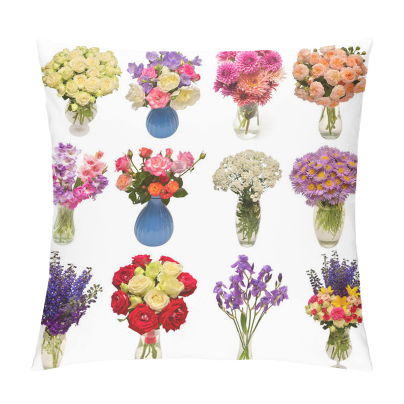 Personality  Collection Of Beautiful Bouquets Flowers In Vases Isolated On Wh Pillow Covers