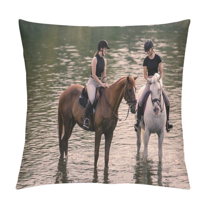 Personality  Riders, Two Young Women Riding Beautiful Horses Down The Calm River Surrounded By The Green Grove Pillow Covers