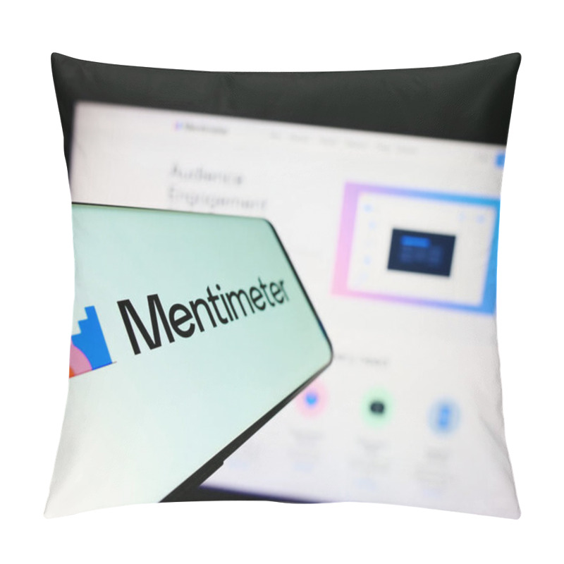 Personality  Stuttgart, Germany - 07-09-2023: Cellphone With Logo Of Presentation Software Company Mentimeter On Screen In Front Of Business Website. Focus On Center-left Of Phone Display. Pillow Covers