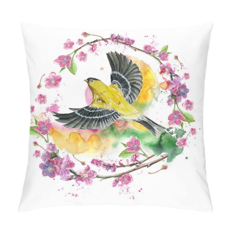 Personality  Watercolor Drawing Seamless Pattern On The Theme Of Spring, Heat, Illustration Of A Bird Of A Sparrow-like Fleet Of Orioles Flying, With Open Wings, Feathers, With Yellow Plumage, Hyperrealism, With Cherry Blossoms, Pink Flowers And Buds, For Creati Pillow Covers