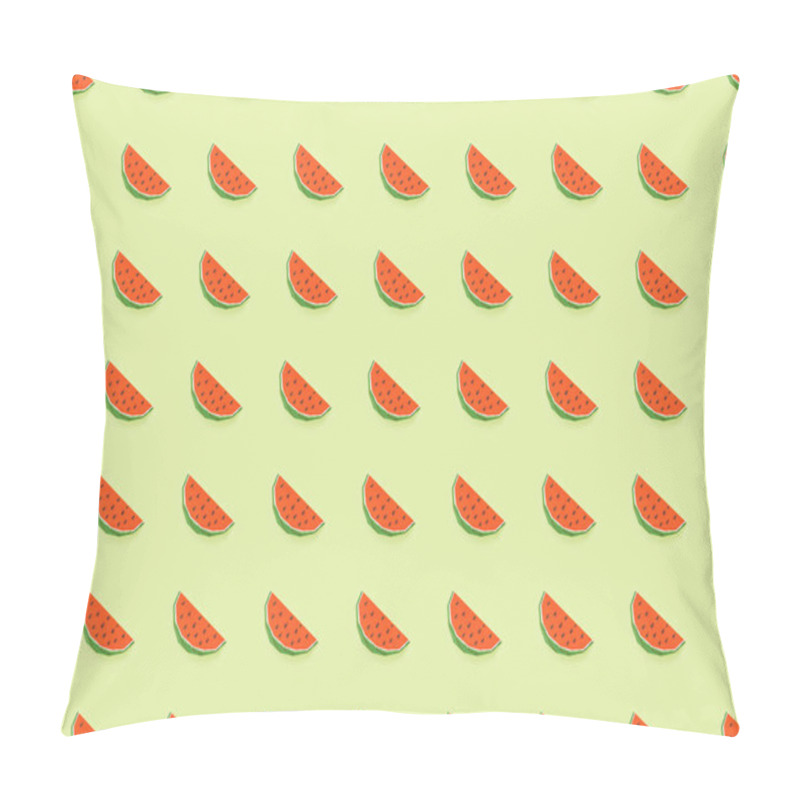 Personality  Top View Of Textured Pattern With Handmade Paper Watermelon Slices Isolated On Green Pillow Covers