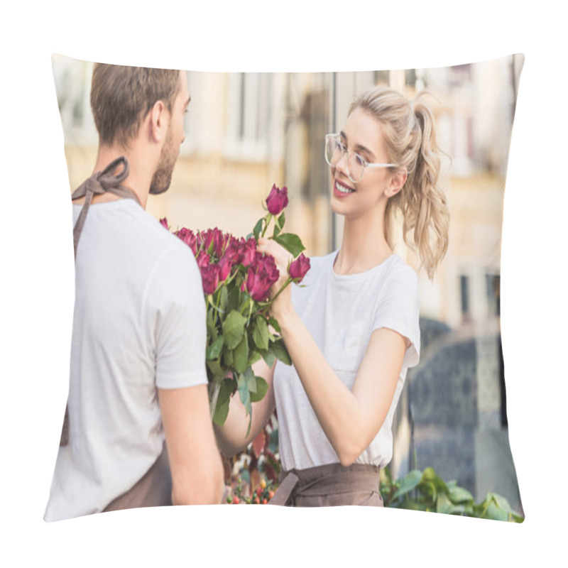 Personality  Smiling Florists Selecting Burgundy Roses Near Flower Shop Pillow Covers