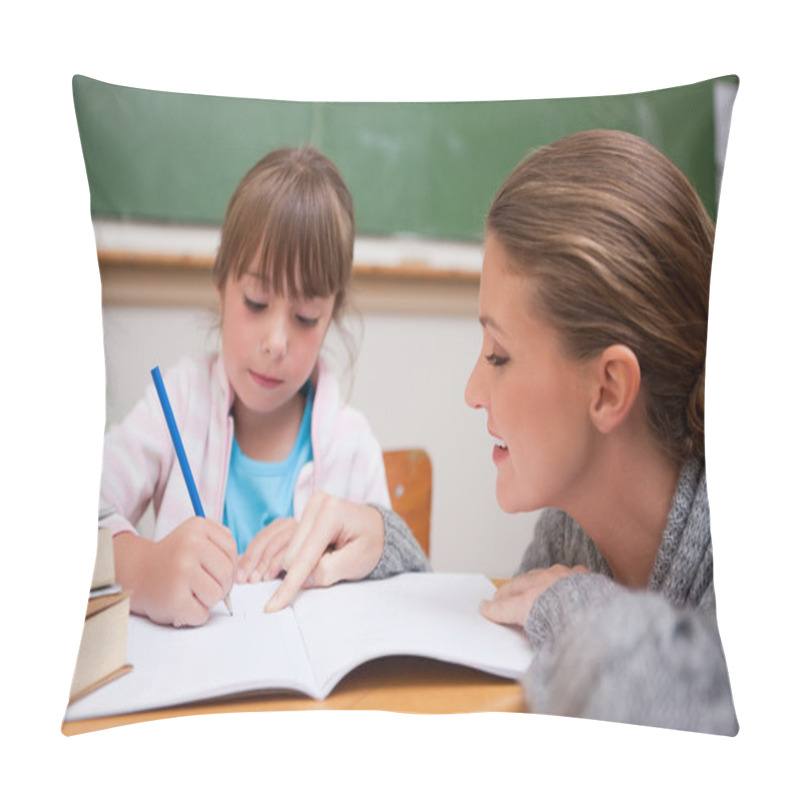 Personality  Cute Schoolgirl Writing A While Her Teacher Is Talking Pillow Covers