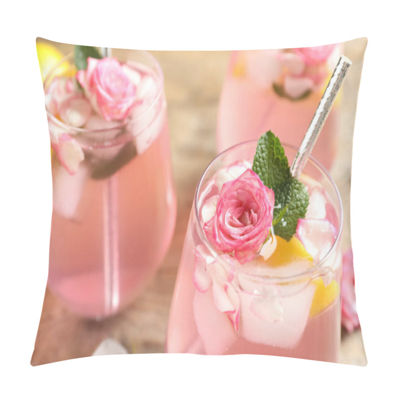 Personality  Delicious Refreshing Drink With Rose Flowers And Lemon Slices On Table, Closeup Pillow Covers