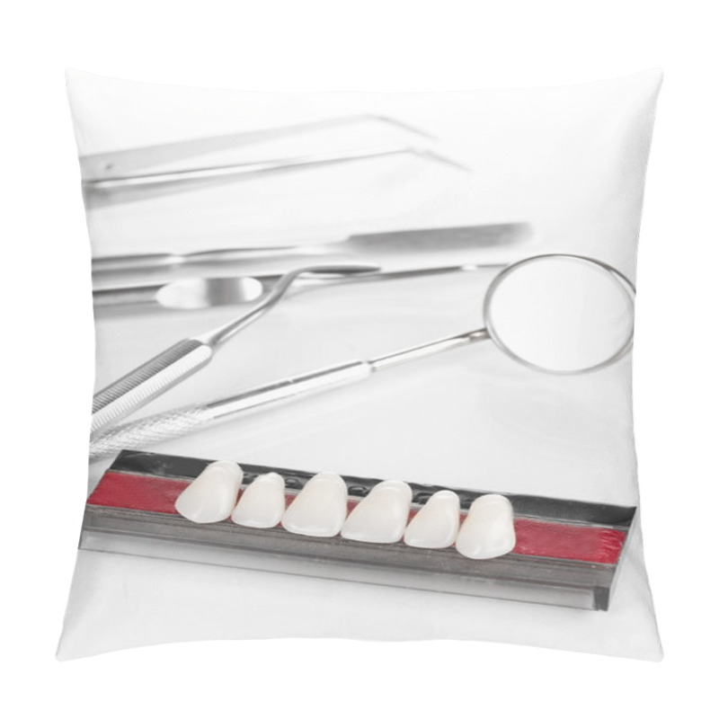 Personality  Denture With Dental Tools Isolated On White Pillow Covers