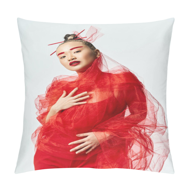 Personality  An Attractive Asian Woman In Vibrant Red Attire Dances Gracefully With A Veil On Her Head. Pillow Covers